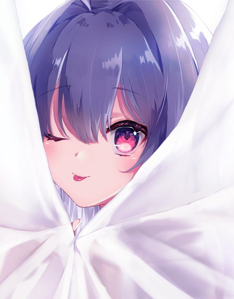 Anime picture 933x1193 with original beniko (ymdbnk) single long hair tall image looking at viewer blush fringe simple background smile hair between eyes red eyes white background purple hair upper body one eye closed wink girl tongue curtains