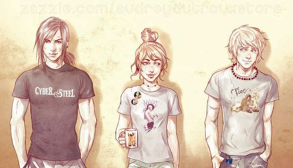 Anime picture 1024x588 with original audreydutroux short hair brown hair wide image brown eyes multiple boys hands in pockets girl boy shirt 2 boys beads mug badge