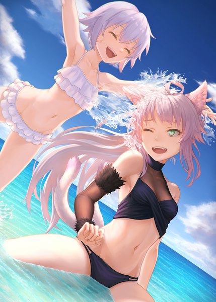 Anime picture 864x1208 with fate (series) fate/grand order fate/apocrypha atalanta (fate) jack the ripper (fate/apocrypha) atalanta (alter) (fate) ju go (toamariitutu) long hair tall image fringe short hair breasts open mouth light erotic smile hair between eyes standing sitting multiple girls green eyes