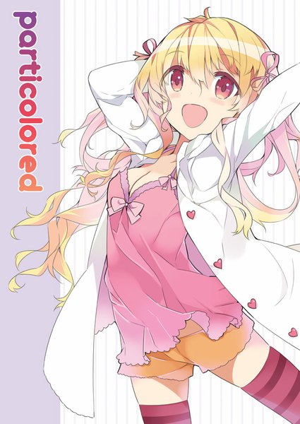 Anime picture 708x1000 with original haruse hiroki single long hair tall image blush fringe open mouth blonde hair :d inscription outstretched arm looking up arm behind head girl thighhighs ribbon (ribbons) hair ribbon striped thighhighs pajamas