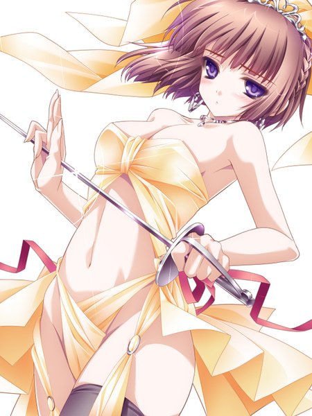 Anime picture 1200x1600 with original moneti (daifuku) single tall image looking at viewer blush short hair light erotic simple background brown hair white background purple eyes midriff girl navel weapon earrings epee