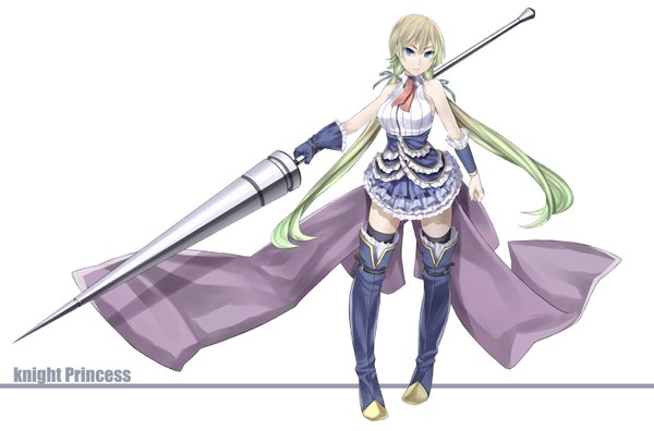 Anime picture 1513x1000 with original ray-akila single blue eyes blonde hair white background twintails very long hair girl dress gloves weapon thigh boots