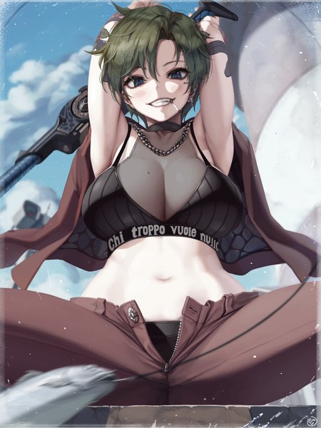 Anime picture 4125x5500 with black survival lenox (black survival) letdie1414 single tall image looking at viewer fringe highres short hair breasts blue eyes light erotic smile hair between eyes large breasts sitting holding absurdres sky cloud (clouds)