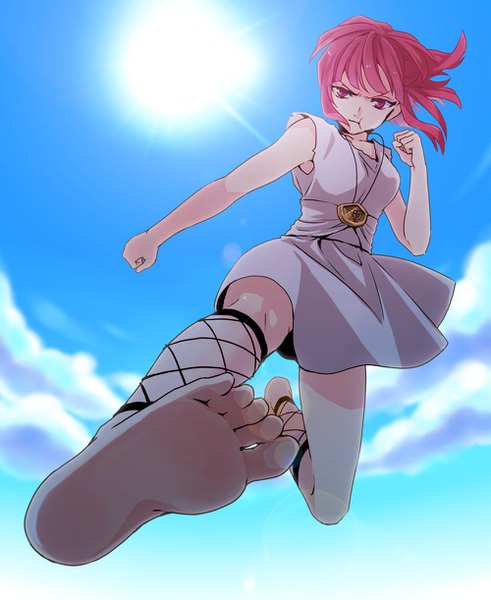 Anime-Bild 1000x1222 mit magi the labyrinth of magic a-1 pictures morgiana satou iruno single tall image short hair red eyes sky cloud (clouds) bent knee (knees) red hair barefoot from below outstretched arm frown :t kick girl dress