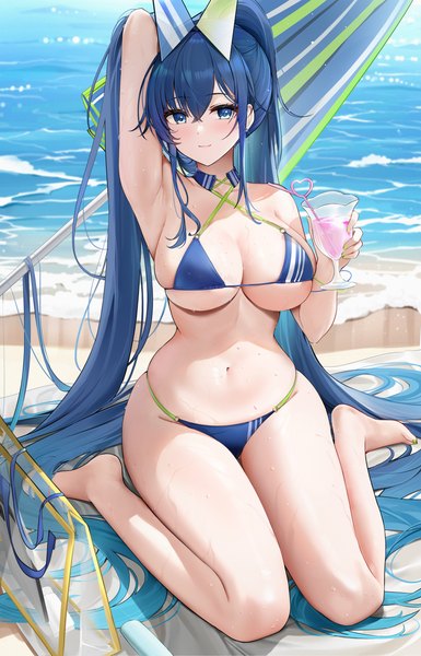 Anime-Bild 2891x4500 mit azur lane new jersey (azur lane) new jersey (midsummer leisure) (azur lane) qing wu single tall image looking at viewer blush fringe highres breasts blue eyes light erotic hair between eyes large breasts sitting holding payot blue hair cleavage