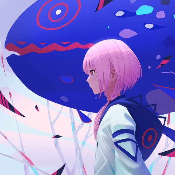 Anime picture 4000x4000 with virtual youtuber kamitsubaki studio virtual kaf kaf (kamitsubaki studio) laplace (kamitsubaki studio) emotionalmikky single long hair highres payot looking away pink hair absurdres upper body braid (braids) profile girl animal hood fish (fishes)
