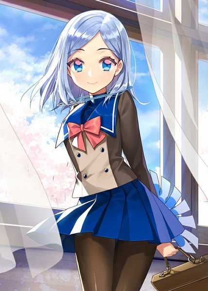 Anime picture 600x840 with million arthur (series) kaku-san-sei million arthur square enix faye (million arthur) salt (salty) single tall image looking at viewer short hair blue eyes smile sky purple hair cloud (clouds) wind cherry blossoms multicolored eyes girl uniform plant (plants)