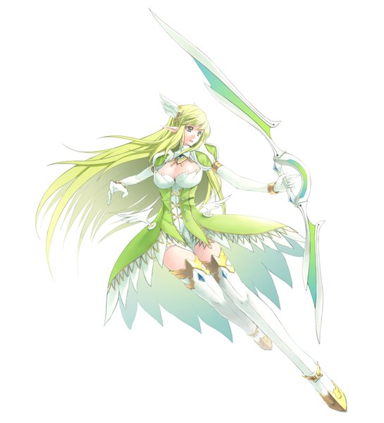 Anime picture 2000x2200 with elsword rena erindel rotix single long hair tall image fringe highres breasts open mouth light erotic simple background large breasts white background green eyes green hair pointy ears elf angel wings fighting stance