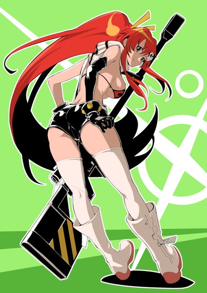 Anime picture 2894x4093 with tengen toppa gurren lagann gainax yoko littner goomrrat single tall image looking at viewer highres breasts light erotic simple background smile yellow eyes ass ponytail red hair very long hair looking back from behind green background