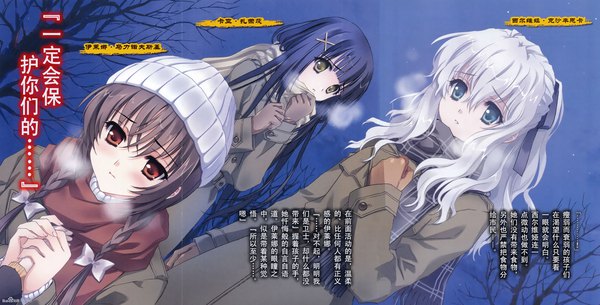 Anime picture 2357x1200 with muv-luv alternative schwarzesmarken muv-luv carnelian long hair blush fringe highres blue eyes hair between eyes brown hair wide image multiple girls brown eyes green eyes blue hair looking away sky silver hair ponytail