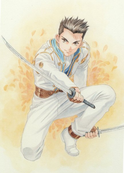 Anime picture 1659x2300 with sakura taisen ichiro ogami single tall image looking at viewer short hair brown hair brown eyes yellow background boy weapon sword fingerless gloves katana