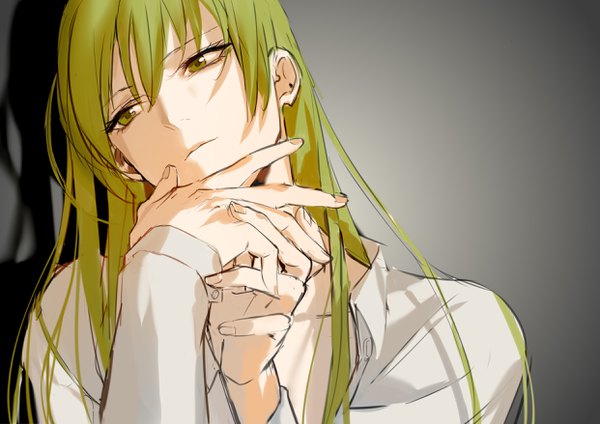 イラスト 2481x1755 と Fateシリーズ fate/strange fake エルキドゥ rrr (reason) ソロ 長髪 前髪 highres simple background hair between eyes 緑の目 looking away head tilt green hair grey background 影 androgynous 男性