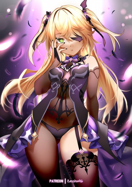 Anime picture 1273x1800 with genshin impact fischl (genshin impact) zasshu single long hair tall image looking at viewer blush fringe breasts light erotic simple background blonde hair hair between eyes standing green eyes signed payot nail polish parted lips