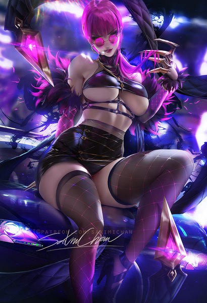 Anime-Bild 684x1000 mit league of legends k/da (league of legends) evelynn (league of legends) k/da evelynn sakimichan single long hair tall image looking at viewer blush fringe breasts light erotic hair between eyes large breasts sitting bare shoulders signed yellow eyes pink hair