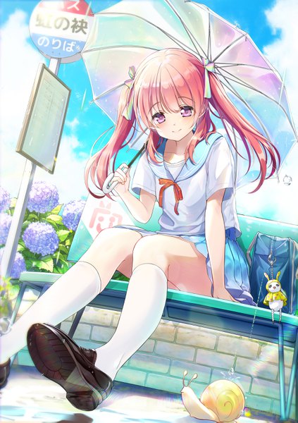 Anime picture 2039x2893 with original maronie. single long hair tall image looking at viewer blush fringe highres smile sitting twintails holding sky cloud (clouds) outdoors red hair blunt bangs pleated skirt pink eyes