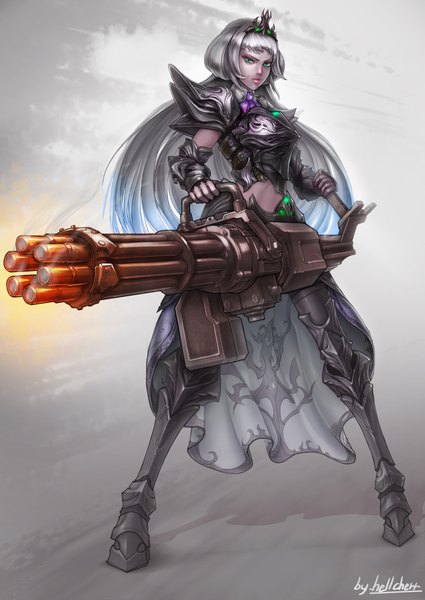 Anime picture 2953x4169 with hellcherr single long hair tall image highres standing green eyes signed silver hair lips glowing fighting stance glowing weapon girl weapon armor gun tiara