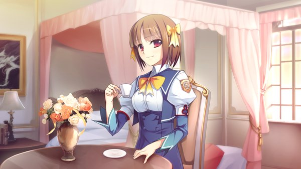 Anime picture 1280x720 with gensou douwa alicetale short hair red eyes brown hair wide image game cg girl uniform flower (flowers) bow hair bow school uniform bed