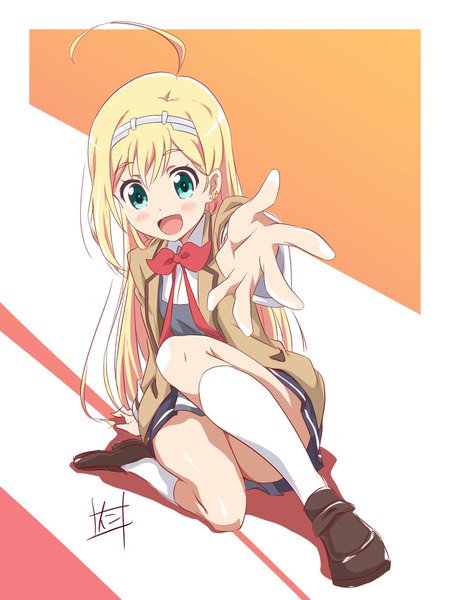 Anime picture 1536x2046 with hina logi - from luck & logic liones yelistratova nii manabu single long hair tall image looking at viewer blush open mouth blonde hair signed full body ahoge aqua eyes arm support outstretched hand girl uniform school uniform socks