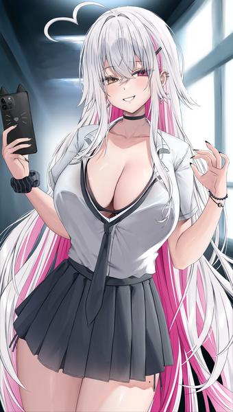 Anime picture 3500x6176 with original vivi (vitaminechan) vitaminechan single long hair tall image looking at viewer blush fringe highres breasts light erotic smile hair between eyes large breasts holding yellow eyes absurdres cleavage silver hair