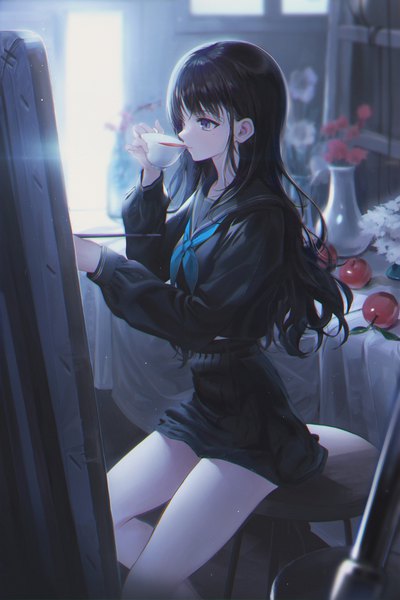 Anime picture 2000x3000 with original minncn single long hair tall image fringe highres blue eyes black hair sitting holding looking away indoors long sleeves profile arm up sunlight blurry mole depth of field