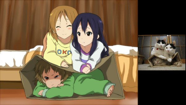 Anime picture 1350x763 with k-on! kyoto animation hirasawa yui nakano azusa tainaka ritsu long hair blush brown hair wide image multiple girls brown eyes eyes closed group ^ ^ girl animal bed 3 girls cat pajamas