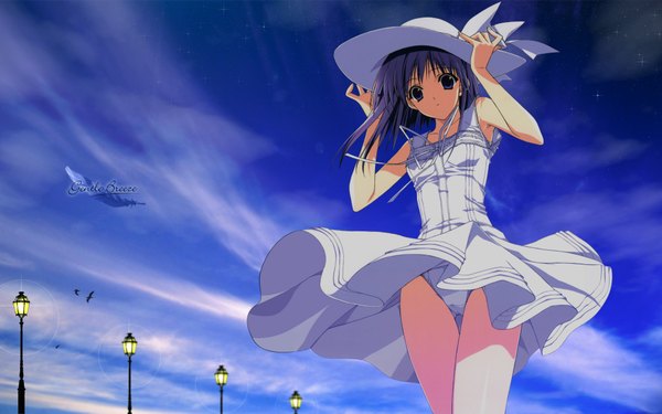 Anime picture 1920x1200 with suzuhira hiro single long hair looking at viewer fringe highres light erotic wide image standing holding sky purple hair cloud (clouds) wind :o pantyshot girl dress underwear panties