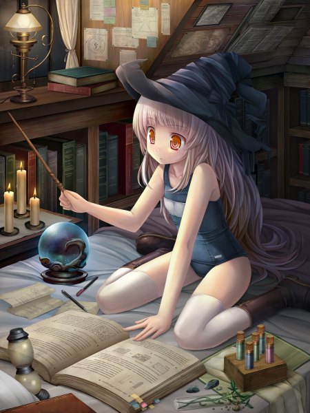 Anime picture 1800x2400 with original namaru (summer dandy) single tall image highres blonde hair very long hair orange eyes girl thighhighs swimsuit plant (plants) white thighhighs book (books) one-piece swimsuit witch hat school swimsuit lamp candle (candles) pen