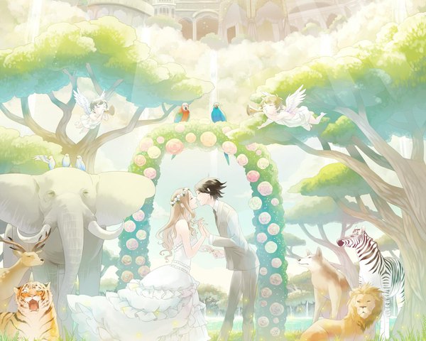 Anime picture 1398x1119 with tagme (artist) long hair short hair black hair brown hair eyes closed sunlight leaning leaning forward couple holding hands face to face angel almost kiss wedding girl dress boy plant (plants) animal