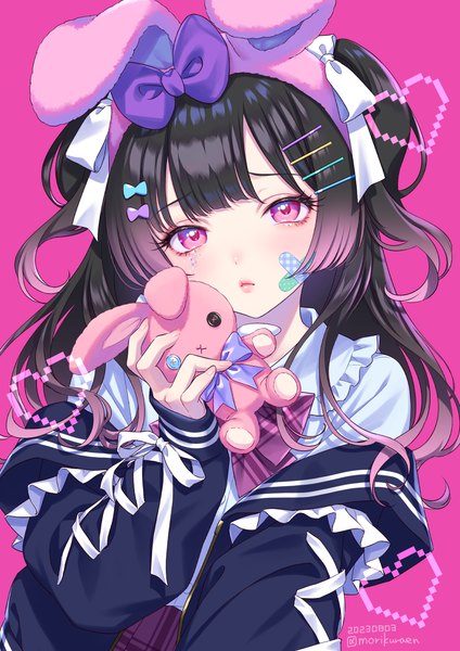 Anime picture 868x1228 with original morikura en single long hair tall image looking at viewer fringe black hair simple background holding signed animal ears upper body long sleeves pink eyes off shoulder open jacket two side up bunny ears twitter username