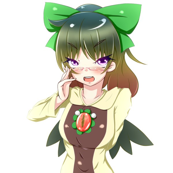 Anime picture 1200x1200 with touhou reiuji utsuho single long hair blush open mouth simple background white background purple eyes multicolored hair embarrassed black wings girl bow hair bow glasses