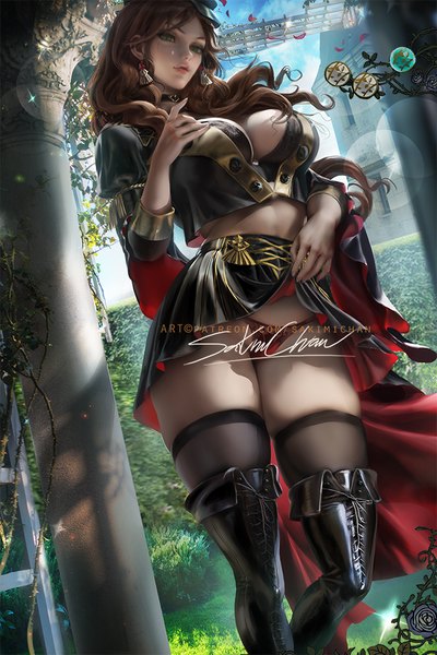 Anime picture 667x1000 with fire emblem fire emblem: three houses nintendo dorothea arnault sakimichan single long hair tall image looking at viewer fringe breasts light erotic brown hair large breasts standing green eyes signed sky cleavage outdoors