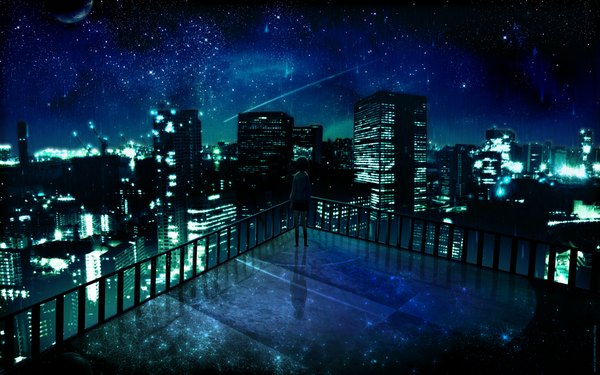 イラスト 1920x1200 と オリジナル tagme (artist) ソロ highres 短い髪 wide image 立つ 空 from behind night back city reflection rain cityscape city lights shooting star 女の子 スカート 制服