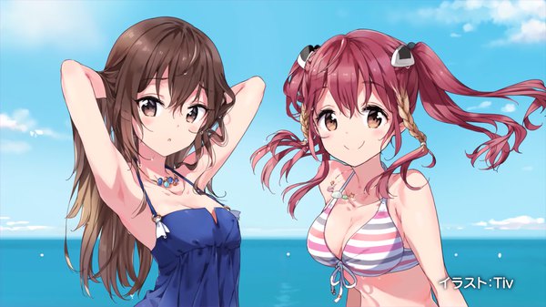 Anime picture 1920x1080 with idol incidents hoshina natsuki onimaru shizuka tiv long hair looking at viewer blush highres short hair breasts open mouth smile brown hair wide image twintails bare shoulders multiple girls yellow eyes sky cloud (clouds)