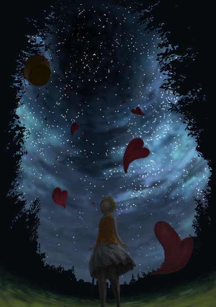 Anime picture 2480x3508 with vocaloid gumi kaiko (gami770) single tall image highres short hair bare shoulders green eyes absurdres cloud (clouds) green hair night night sky scenic girl skirt plant (plants) tree (trees) star (stars)