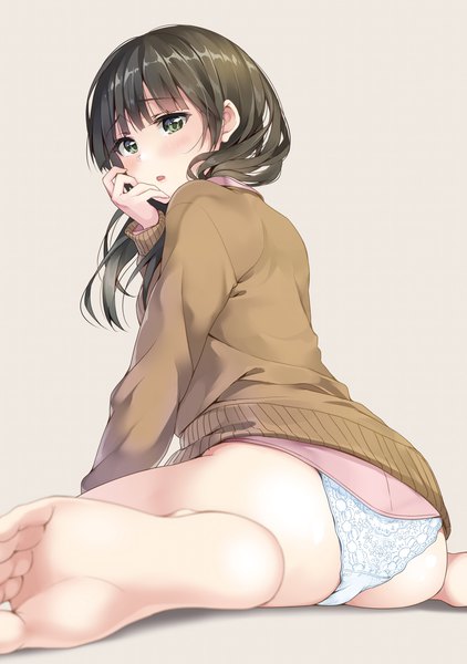 Anime picture 2548x3624 with original unasaka ryou single long hair tall image looking at viewer blush fringe highres open mouth light erotic simple background brown hair sitting green eyes looking back barefoot from behind grey background bare legs