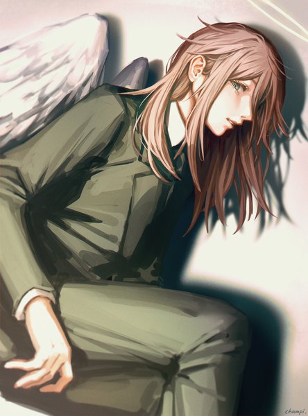 Anime picture 1516x2048 with chainsaw man mappa angel devil (chainsaw man) champi single long hair tall image looking at viewer brown hair sitting profile shadow grey eyes white wings boy wings halo