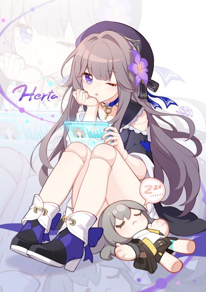 Anime-Bild 1500x2122 mit honkai: star rail honkai (series) trailblazer (honkai: star rail) stelle (honkai: star rail) herta (honkai: star rail) gou lianlian dogface single long hair tall image looking at viewer brown hair sitting purple eyes full body one eye closed hair flower character names convenient censoring zoom layer chin rest