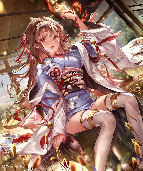 Anime picture 800x960 with shingeki no bahamut liiko single long hair tall image looking at viewer fringe open mouth smile red eyes brown hair sitting indoors traditional clothes :d japanese clothes arm up official art fang (fangs) dutch angle