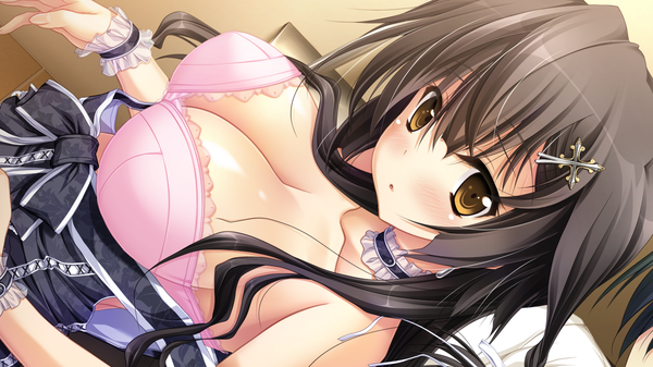 Anime picture 1280x720 with amatsutsumi purple software asahina kyouko (amatsutsumi) long hair blush breasts light erotic black hair wide image brown eyes game cg cleavage girl dress lingerie bra