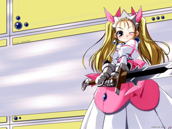 Anime picture 1280x960 with haga yui single long hair blonde hair twintails one eye closed grey eyes dress ribbon (ribbons) sword armor tiara gauntlets vambraces omnibus