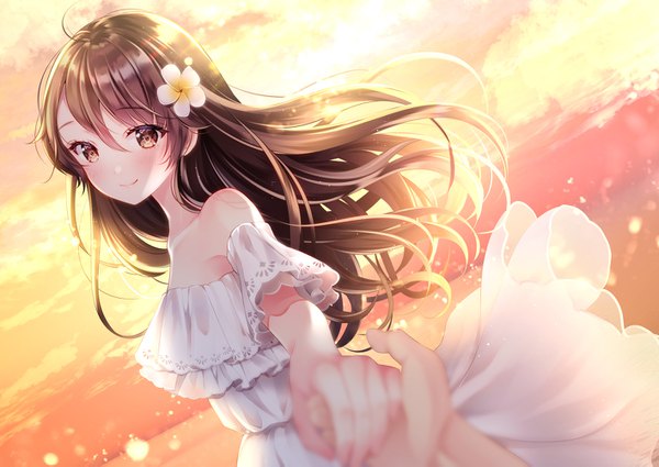 Anime picture 1416x1003 with original yugirlpict long hair looking at viewer blush smile brown hair bare shoulders brown eyes outdoors hair flower dutch angle holding hands evening sunset solo focus pov girl dress flower (flowers)