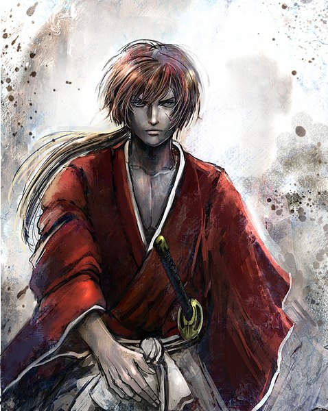 Anime picture 947x1189 with rurouni kenshin himura kenshin bccp single long hair tall image looking at viewer blue eyes brown hair ponytail traditional clothes japanese clothes grey background boy weapon sword katana hakama shrine