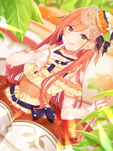 Anime picture 2758x3687 with idolmaster idolmaster shiny colors arisugawa natsuha sophie (sophie1925) single long hair tall image fringe highres smile hair between eyes yellow eyes looking away orange hair finger to mouth :q girl plant (plants) hat earrings