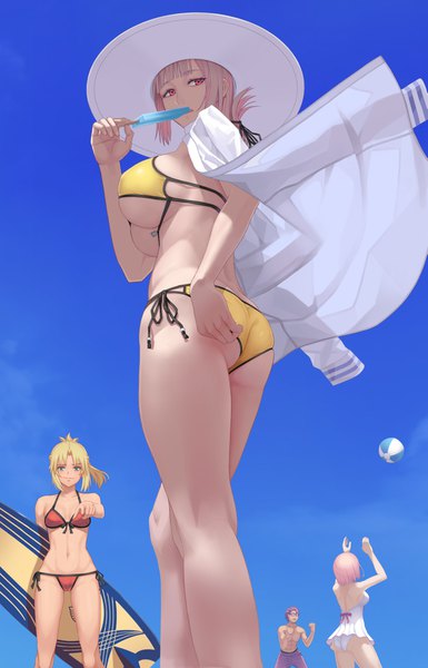 Anime picture 1077x1675 with fate (series) fate/grand order fate/stay night mash kyrielight mordred (fate) florence nightingale (fate) mordred (swimsuit rider) (fate) lancelot (fate/grand order) takehisa tomoe long hair tall image looking at viewer fringe short hair breasts blue eyes light erotic blonde hair red eyes multiple girls