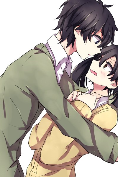 Anime picture 800x1200 with kagerou project shaft (studio) enomoto takane kokonose haruka ringomaru long hair tall image blush short hair open mouth black hair simple background white background twintails profile black eyes couple hug face to face kabe-don