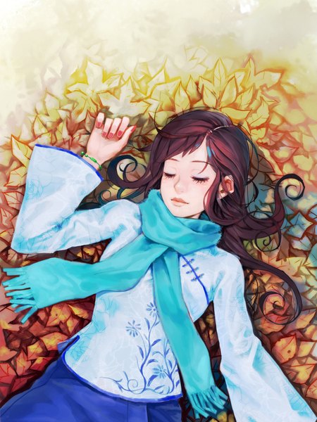 Anime picture 1500x2000 with original adiyos single long hair tall image brown hair lying eyes closed nail polish lips girl bracelet scarf leaf (leaves)