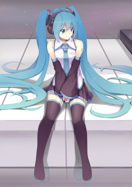 Anime picture 1000x1414 with vocaloid hatsune miku sonikey0 0 single tall image blue eyes sitting twintails bare shoulders blue hair looking away very long hair girl thighhighs skirt hair ornament black thighhighs detached sleeves necktie headphones