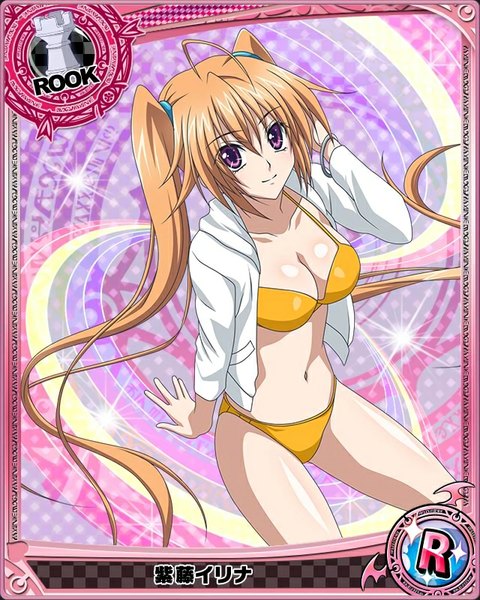 Anime picture 640x800 with highschool dxd shidou irina single tall image looking at viewer breasts light erotic brown hair purple eyes twintails very long hair card (medium) girl navel swimsuit bikini