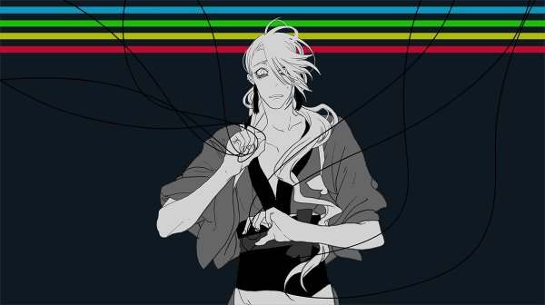 Anime picture 1200x672 with touken ranbu nitroplus souza samonji xianrou men single long hair looking at viewer fringe simple background wide image traditional clothes japanese clothes hair over one eye black background monochrome dark background boy earrings yukata thread