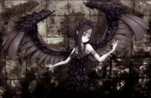 Anime picture 1758x1154 with yu-gi-oh! fabled grimro shintani tsushiya single long hair highres black hair pointy ears black wings silver eyes lolita fashion gothic girl dress wings bracelet black dress feather (feathers)